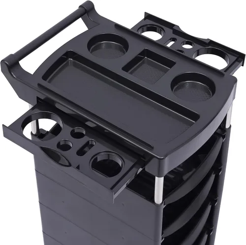 Miniatura 6 de Carrito profesional de salón, carrito de salón negro con asa y ruedas, 5 cajones y 2 soportes para secadora de pelo, bandeja lateral, carrito