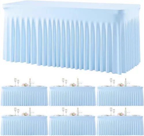 Miniatura 15 de Paquete de 2 manteles color azul bebé para mesas rectangulares de 6 pies, mantel ajustable de elastano, fundas de mesa elásticas de 6 pies, manteles
