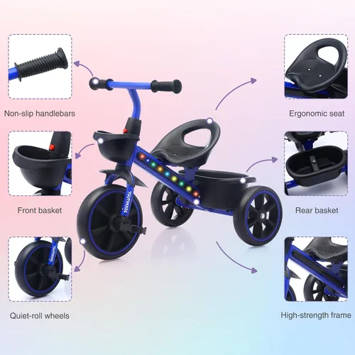 Miniatura 5 de Triciclo para niños con luces LED coloridas para niños pequeños de 1 a 3 años, diseño estable de 3 ruedas y canasta de almacenamiento para paseos