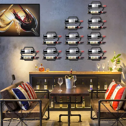 Miniatura 4 de Estante para botellas de vino montado en la pared, organizador de exhibición de vino colgante de metal negro, estantes de vino tinto