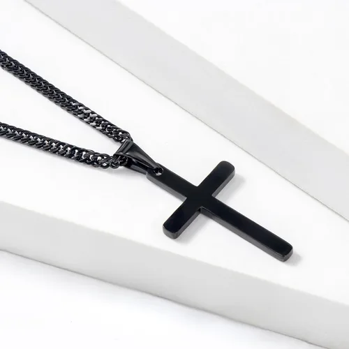Miniatura 4 de Collar de cruz para hombre, collar con colgante de cruz lisa de acero inoxidable plateado y dorado para hombre, cadena cubana de 18 a 26 pulgadas