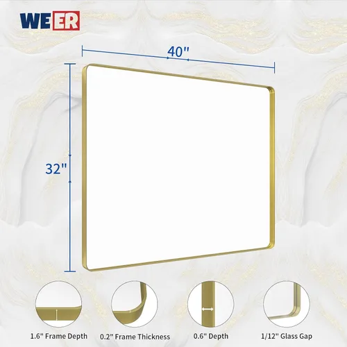 Miniatura 6 de WEER - Espejo de baño dorado, espejo de 40x32 pulgadas con marco de metal dorado cepillado, espejo de tocador de baño de oro para pared
