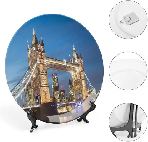 Miniatura 4 de XISUNYA Plato decorativo de 6 pulgadas, plato de cena de Londres, paisaje del puente de la torre emblemática al crepúsculo, placa de exhibición