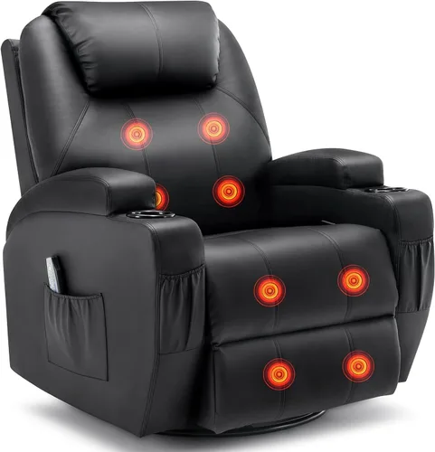 Korser Silla reclinable, mecedora con masaje y calor, sillas reclinables giratorias de 360° para adultos, mecedora manual reclinable con control