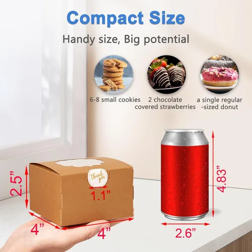 Miniatura 3 de Shallive Cajas de galletas pequeñas de 4 pulgadas, 50 piezas, marrón - Cajas de dulces de panadería con ventana para regalar, contenedores de papel