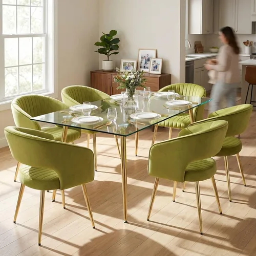 Miniatura 17 de Hyfirm Juego de 2 sillas de comedor de cuero, modernas sillas de cocina color dorado crema con respaldo hueco, sillas laterales tapizadas para sala