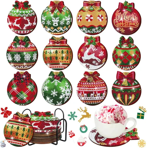 Miniatura 8 de Juego de 12 posavasos de pintura de diamantes de Navidad con soporte para arte de diamantes de Navidad en julio, para adultos, suministros de arte