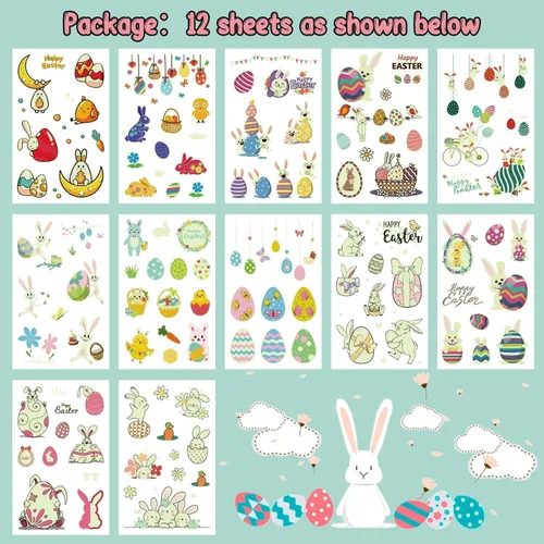 Miniatura 3 de Partywind 132 piezas (12 hojas) tatuajes temporales luminosos de Pascua para rellenar cestas de niños, decoraciones de Pascua brillantes