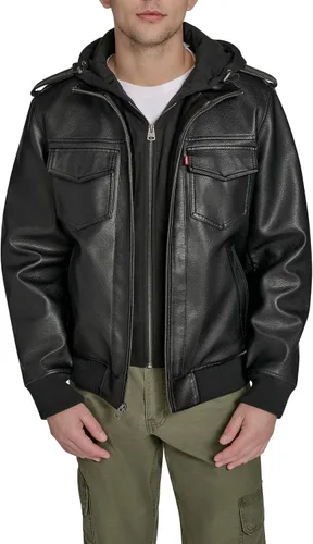 Miniatura 6 de Levi's Men's Faux Leather Aviator Bomber Jacket With Jersey Bib and Hood