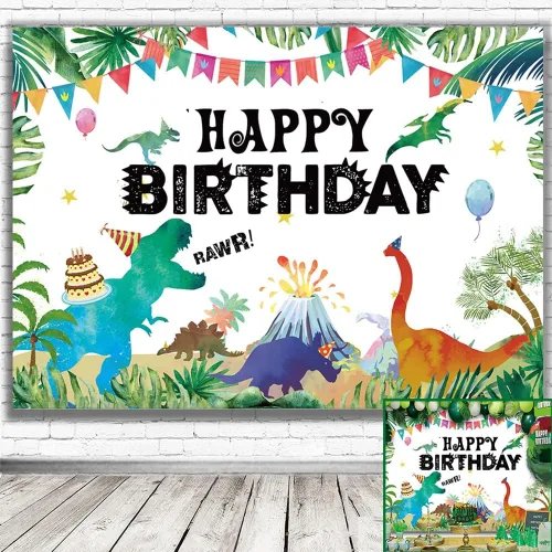 Miniatura 4 de Illiyot - Fondo de cumpleaños de dinosaurio divertido de 6 x 3.5 pies, suministros de fiesta de dinosaurios en acuarela, T-Rex, pancarta de pared