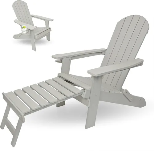 Alpine Corporation Silla plegable Adirondack para exteriores de 38 pulgadas de alto con portavasos y otomana, diseño ergonómico clásico, muebles y