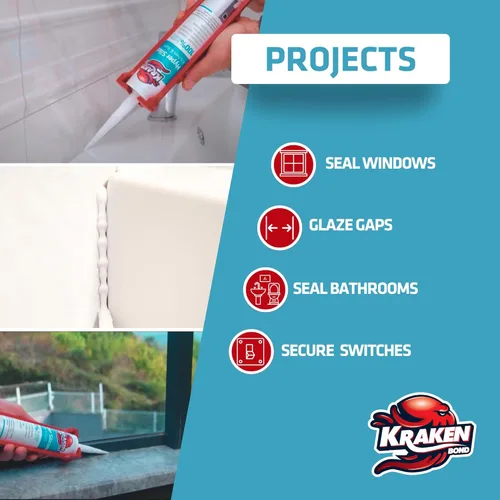 Miniatura 4 de Kraken Bond Sellador de calafateo Hyper Clear (1 x 10.1 onzas líquidas) de curado rápido, 100% silicona neutra para cocina y baño, bañera, ducha
