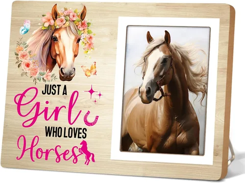 Marco de fotos de caballo, casa de campo rústico, regalos de flores para amantes de los caballos, marco de fotos con texto en inglés "Just a Girl