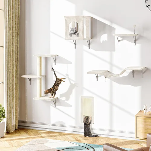 Miniatura 20 de NUNU LAB Juego de muebles para gatos montados en la pared, juego de 6 piezas para escalar con casa, puente, escalones, tabla rascadora - Paredes