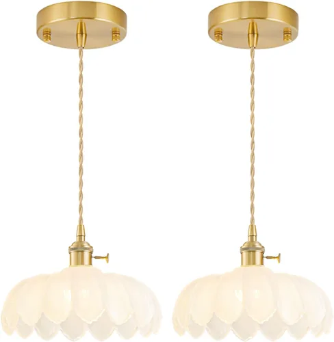 Miniatura 21 de Lámparas colgantes enchufables, lámpara colgante de cristal vintage, mini lámpara colgante de tulipán blanco leche, iluminación colgante para isla