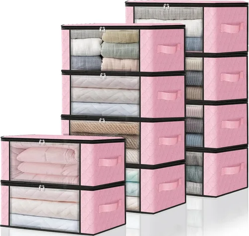 Miniatura 22 de HomeHacks Paquete de 3 bolsas organizadoras de ropa, caja de almacenamiento plegable con gran ventana transparente y asas resistentes para armario