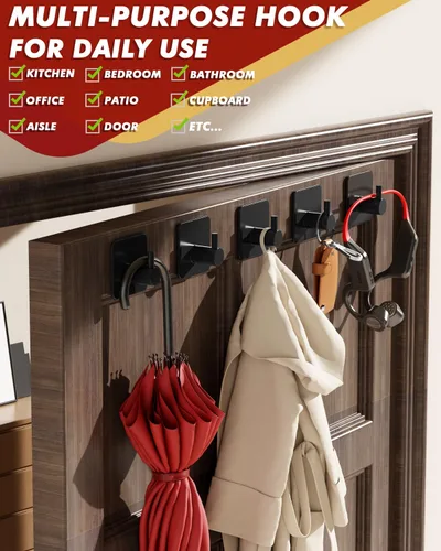 Miniatura 6 de Auxmir Ganchos Adhesivos de Servicio Pesado 30lb(Máx) Ganchos de Pared, Paquete de 5 Toallero Autoadhesivo Sin Daños, Acero Inoxidable para Abrigo
