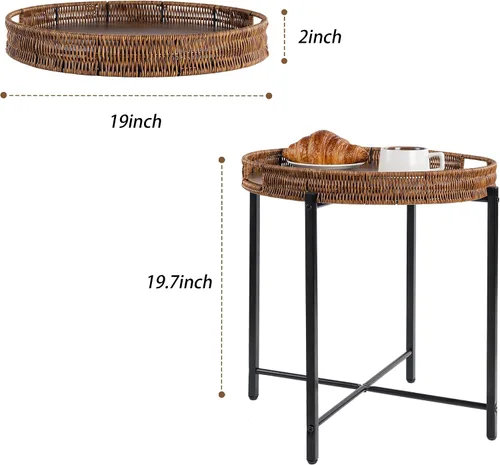 Miniatura 3 de Mesa auxiliar redonda de ratán de 19 pulgadas con bandeja de madera, pequeña mesa auxiliar de mimbre redonda de madera, mesa auxiliar de ratán