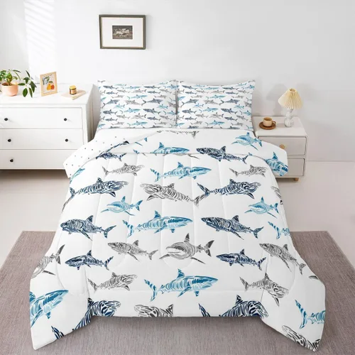 Miniatura 6 de Erosebridal Juego de edredón de tiburón, tamaño individual, juego de ropa de cama de vida oceánica para niños y niñas, color verde azulado