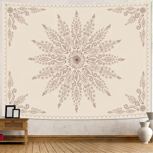 Miniatura 22 de Fowocu Tapiz bohemio con mandala floral para colgar en la pared, medallón de flores bohemias, tapiz estético, beige, naranja, hippie, indio, pequeño