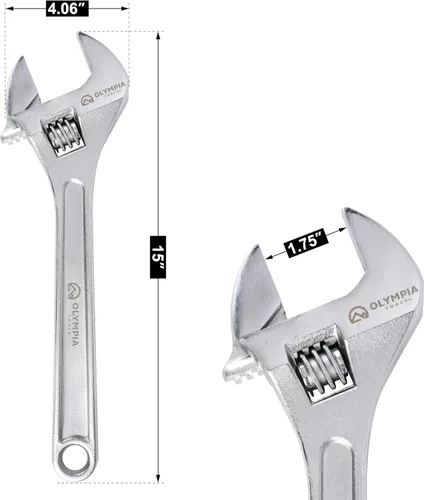 Miniatura 3 de Olympia Tools Llave ajustable de 15 pulgadas, acero forjado de alta resistencia, cromado, mandíbulas mecanizadas de precisión, resistente a