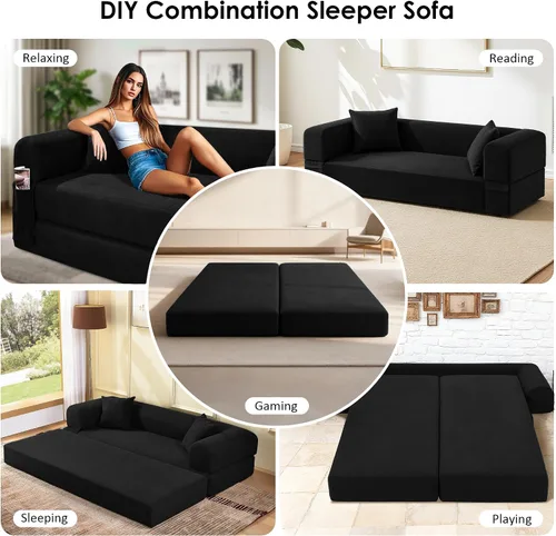 Miniatura 3 de Sofá cama convertible de 80 pulgadas, sofá cama plegable de pana con almohadas, sofá de compresión moderno sin hueso sin montaje, sofá de compresión