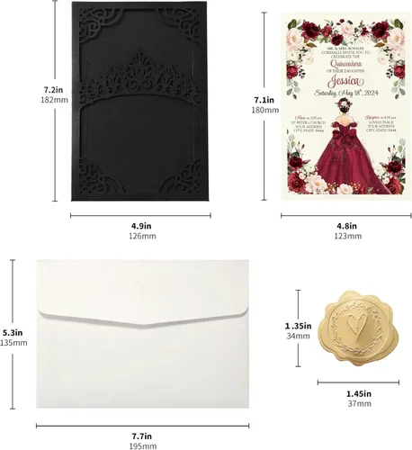 Miniatura 3 de 50 invitaciones de quinceañera con corona negra perlada cortada con láser Invitaciones de cumpleaños florales burdeos para Sweet 16/Miss XV