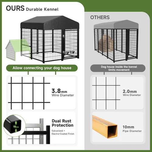 Miniatura 4 de Perrera para Perros al Aire Libre, Perrera para Perros con Techo y Comederos Giratorios/Puerta para Perros Desmontable Permite Conectar Su Casa
