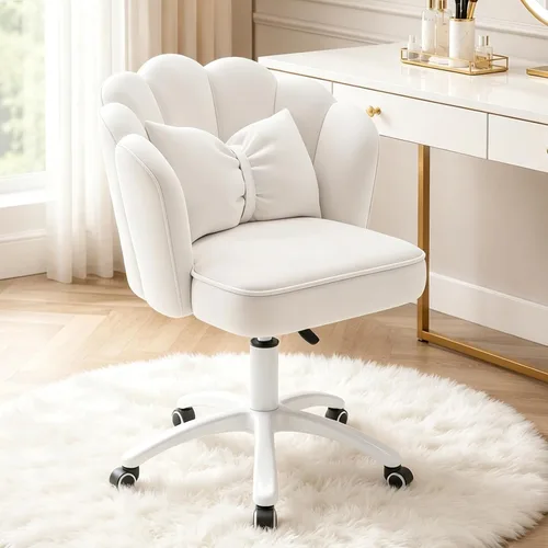 Silla de tocador con ruedas Silla de escritorio de pétalos de terciopelo Silla de oficina en casa copetada tapizada para mujeres y niñas, Silla de
