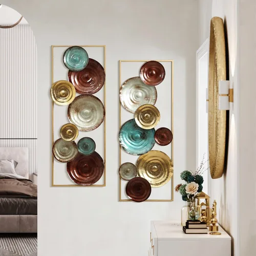Miniatura 10 de LuxenHome - 2 piezas de arte de pared de metal, círculos multicolor de 36 x 12 pulgadas, decoración de pared rectangular abstracta de metal