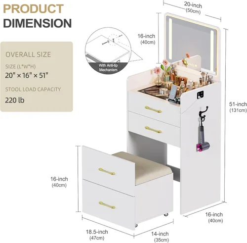 Miniatura 5 de Lvifur Escritorio de tocador 3 en 1 con espejo abatible y luces, tocador compacto con parte superior de vidrio con 3 cajones y taburete rodante