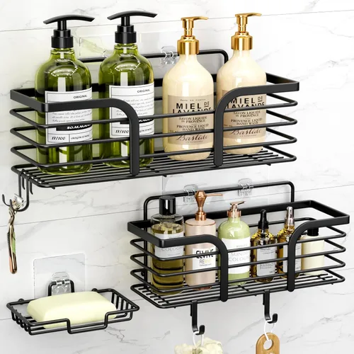 Yougai Organizador de ducha con soporte para jabón y ganchos, estantes de ducha inoxidables, organizadores de baño sin perforaciones y Negro