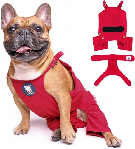 Miniatura 9 de iChoue Lindos pañales para perro con tirantes para bulldog francés, pug francés, bulldog inglés, hembra, en ciclo de calor, azul, pequeño con 1 pañal
