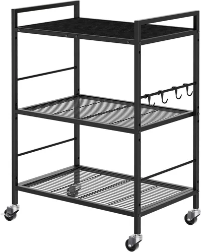 Estante de almacenamiento de metal de 3 niveles con ruedas industriales, unidad de estantería de malla con tablero de mesa de madera, estante