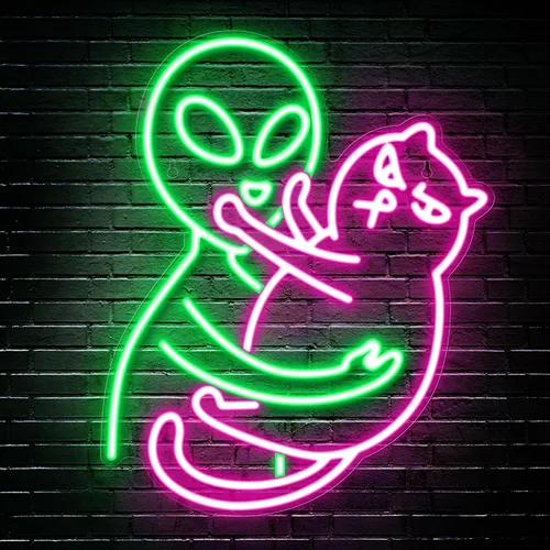Kavaas Letrero de neón de gato alienígena, luz LED verde para sala de juegos, fiesta, bar, decoración de cueva de hombre, decoración de pared de luz