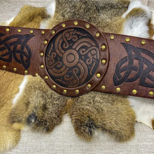 Miniatura 4 de HiiFeuer Viking Cinturón ancho en relieve, cinturón nórdico de piel sintética con corsé de caballero, disfraz LARP de Halloween