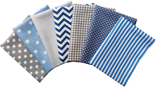7 piezas de tela de acolchado de algodón, azul y gris, paquetes de parches estampados cuadrados, lunares ondulados, tela a rayas para coser