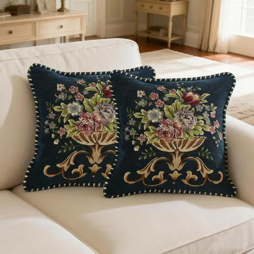 Juego de 2 fundas de almohada decorativas azules bordadas vintage de 18 x 18 pulgadas, fundas para sofá, cama, sillas, coche, con diseño floral