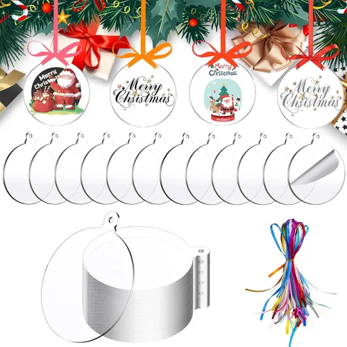 Juego de 50 piezas de adornos colgantes de Navidad de 3 pulgadas, adornos de Navidad de acrílico en blanco con 50 piezas de cintas de 25 colores