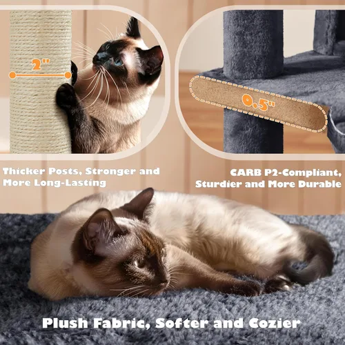 Miniatura 6 de Yaheetech Árbol para gatos de 54 pulgadas, torre para gatos de varios niveles con espaciosa percha de orejas de gatito, 2 cuevas acogedoras, postes