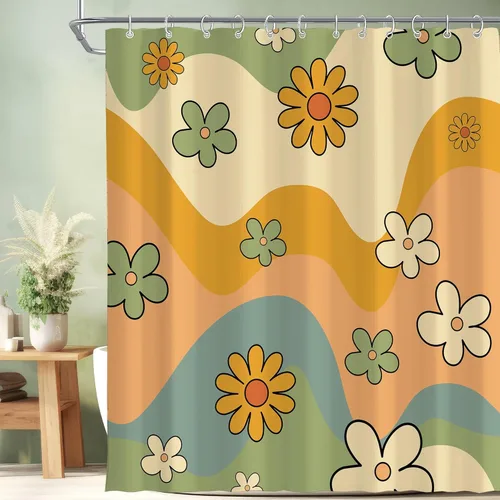 Miniatura 24 de Cortina de ducha pequeña para casa rodante, tamaño medio, estilo retro de los 70, con flores bonitas, estética abstracta de margaritas, decorativa