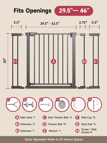 Miniatura 7 de Puerta de bebé extra ancha de 29.5-46 pulgadas para escaleras, puerta para perros para puertas, puerta de metal para mascotas con cierre automático