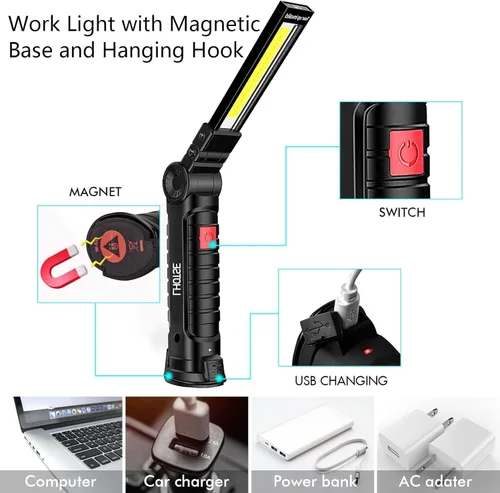 Miniatura 4 de LHOTSE Luz de trabajo LED, herramienta de regalo del día del padre, linterna recargable con base magnética y gancho, rotación de 360°, 5 modos, luz