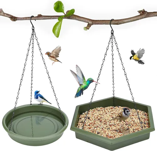 Baño colgante para pájaros, 2 en 1 XL, comedero para pájaros y baño de pájaros para exteriores, comedero de agua para pájaros, bandeja para