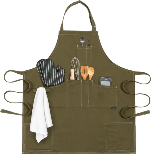 opux Delantal de chef para hombres, delantal de cocina con bolsillos para mujer, delantal grande de lona unisex para cocinar, asar a la parrilla,