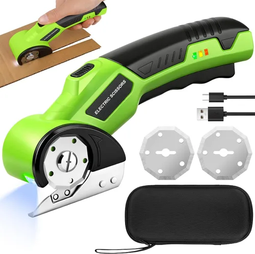 Tijeras eléctricas inalámbricas, cortador de cartón giratorio recargable de 4 V con 2 cuchillas de bloqueo de seguridad y luz LED, cable USB para
