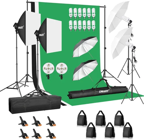 EMART Sistema de soporte de telón de fondo de 7 x 10 pies con bolsa de arena, kit de iluminación para fotografía con 12 bombillas CFL de 45 W, 3