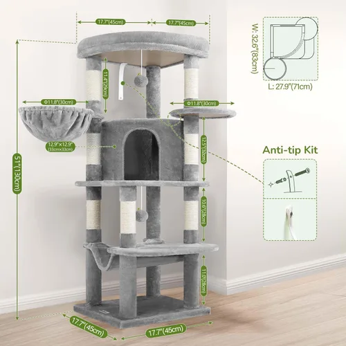 Miniatura 7 de Globlazer Torre esquinera para gatos de interior, torre de condominio de 51 pulgadas para gatos de varios niveles con hamaca grande, 7 postes claro