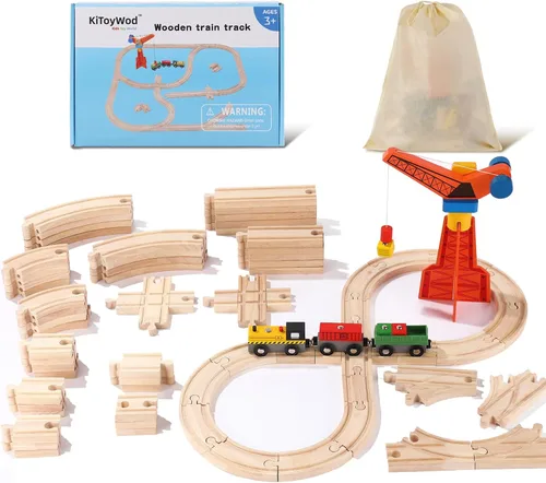 Juego de 62 vías de tren de madera, accesorios de sistemas ferroviarios de madera, paquete de expansión con tren + grúa, para niños de 3 a 10 años,