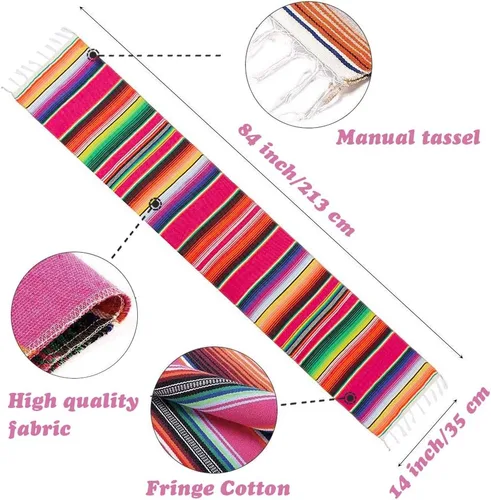 Miniatura 2 de Camino de mesa mexicano de 14 x 84 pulgadas, camino de mesa de serape mexicano para decoración de bodas y fiestas mexicanas, camino de mesa de Rosa